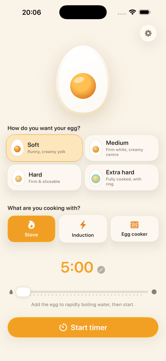 The Egg Timer app on an iPhone: pick soft, medium, hard or extra hard, choose stove, induction or egg cooker, and start the 5:00 timer
